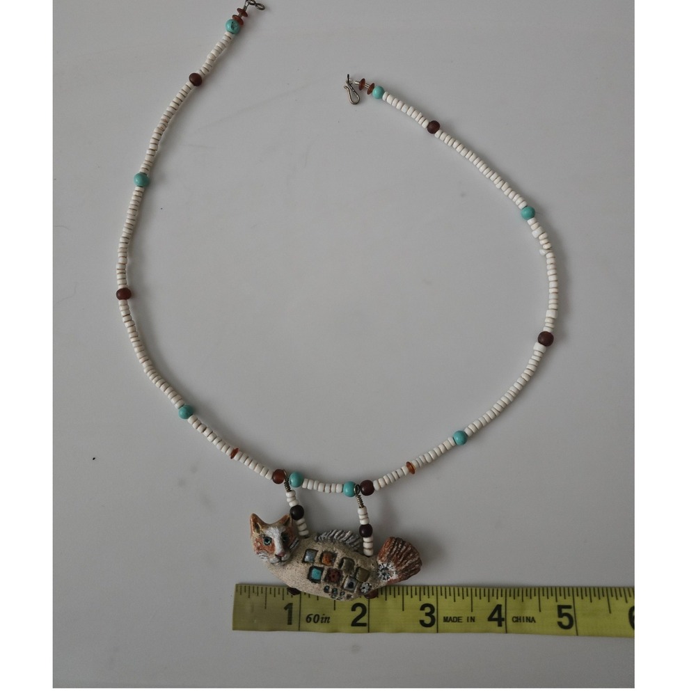 Artisan Handmade Clay Cat Fish Pendant Necklace Beaded Folk Art Whimsical 20"